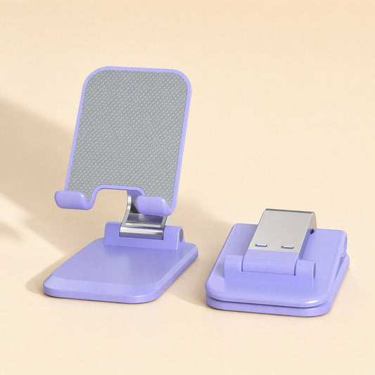 Viewprop Desktop Phone Stand – lavender folding phone stand with grey textured pad open beside a second stand folded compact