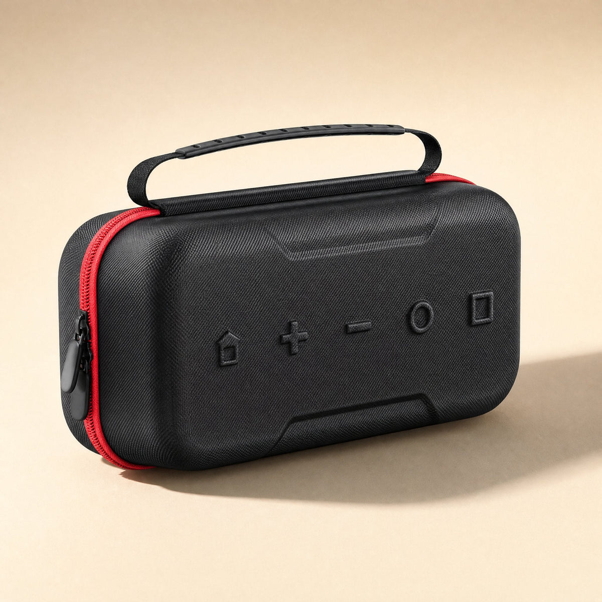 Switchnest EVA Switch OLED storage bag in black with red zipper trim, top carry handle, embossed button icons