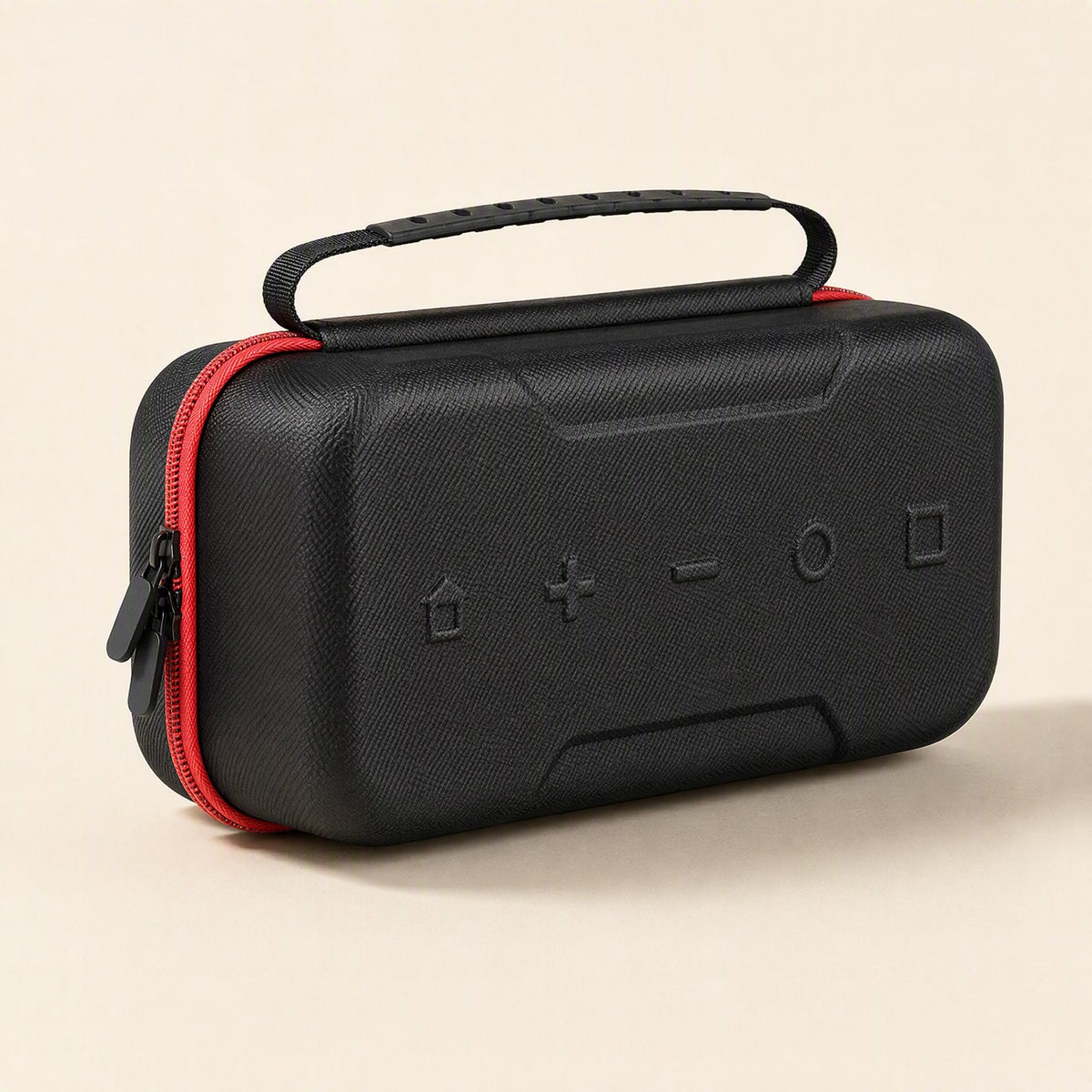 Switchnest – Front view of the black hard-shell case with red zipper and embossed home, plus, minus, circle, square icons