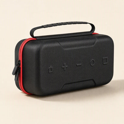 Switchnest – Front view of the black hard-shell case with red zipper and embossed home, plus, minus, circle, square icons