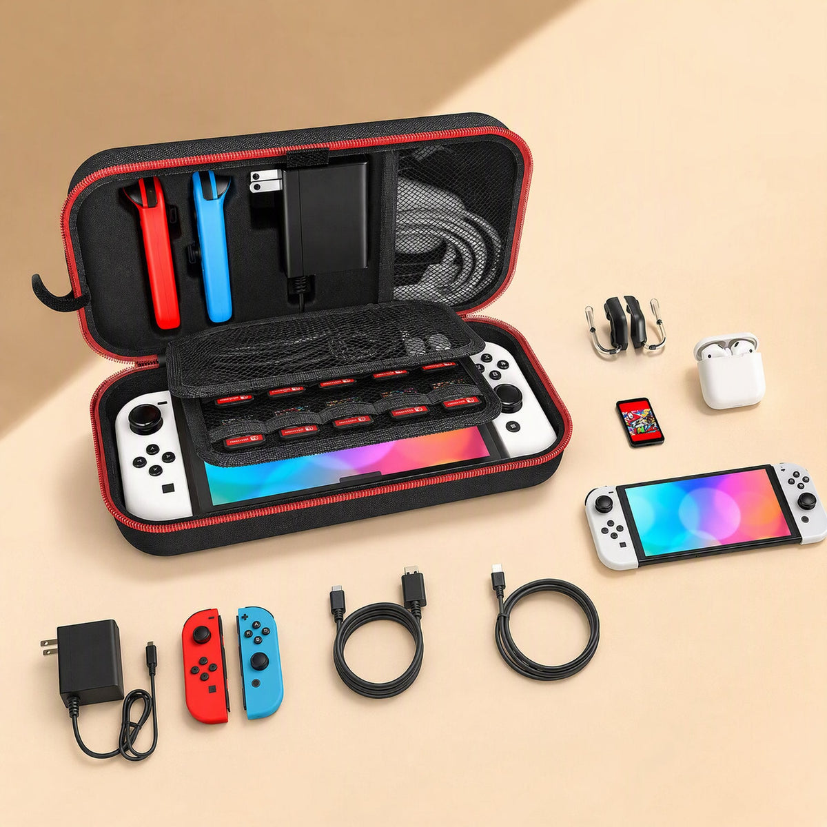 Switchnest – Open case beside laid-out console, Joy-Cons, charger, two cables, earbuds, game card and grips