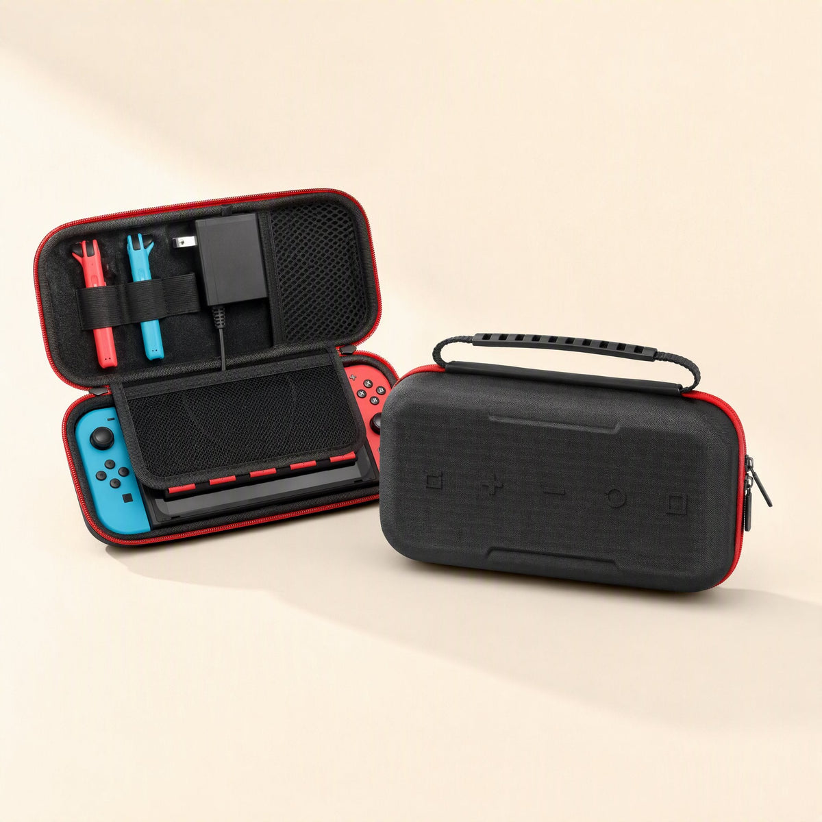 Switchnest – Open case with red-trimmed lining and mesh pocket next to a closed case showing its textured lid