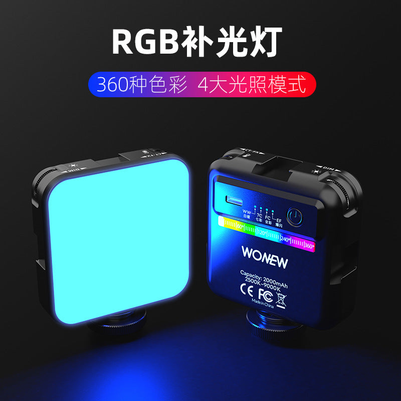 Lightpocket Mini Handheld Fill Light glowing blue, shown front and back on a dark background