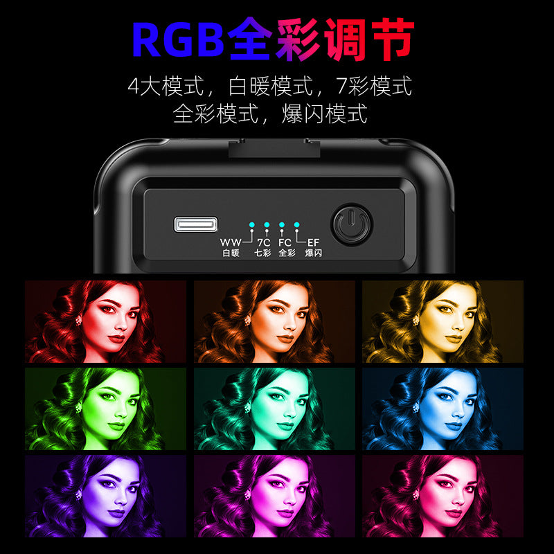 Lightpocket – Back panel of the light with USB-C port, mode indicators and power button above a grid of colour-lit portraits