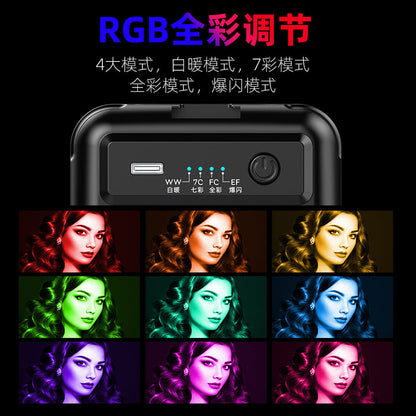 Lightpocket – Back panel of the light with USB-C port, mode indicators and power button above a grid of colour-lit portraits