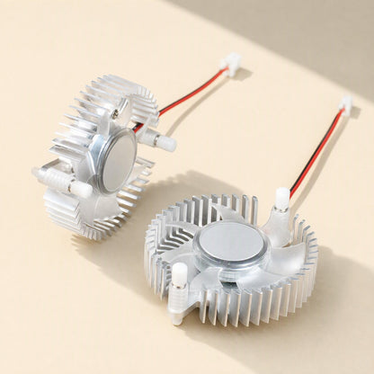 Cardcool 55mm Aluminum Graphics Card Radiator, two silver fan heatsinks with red and black wires on beige