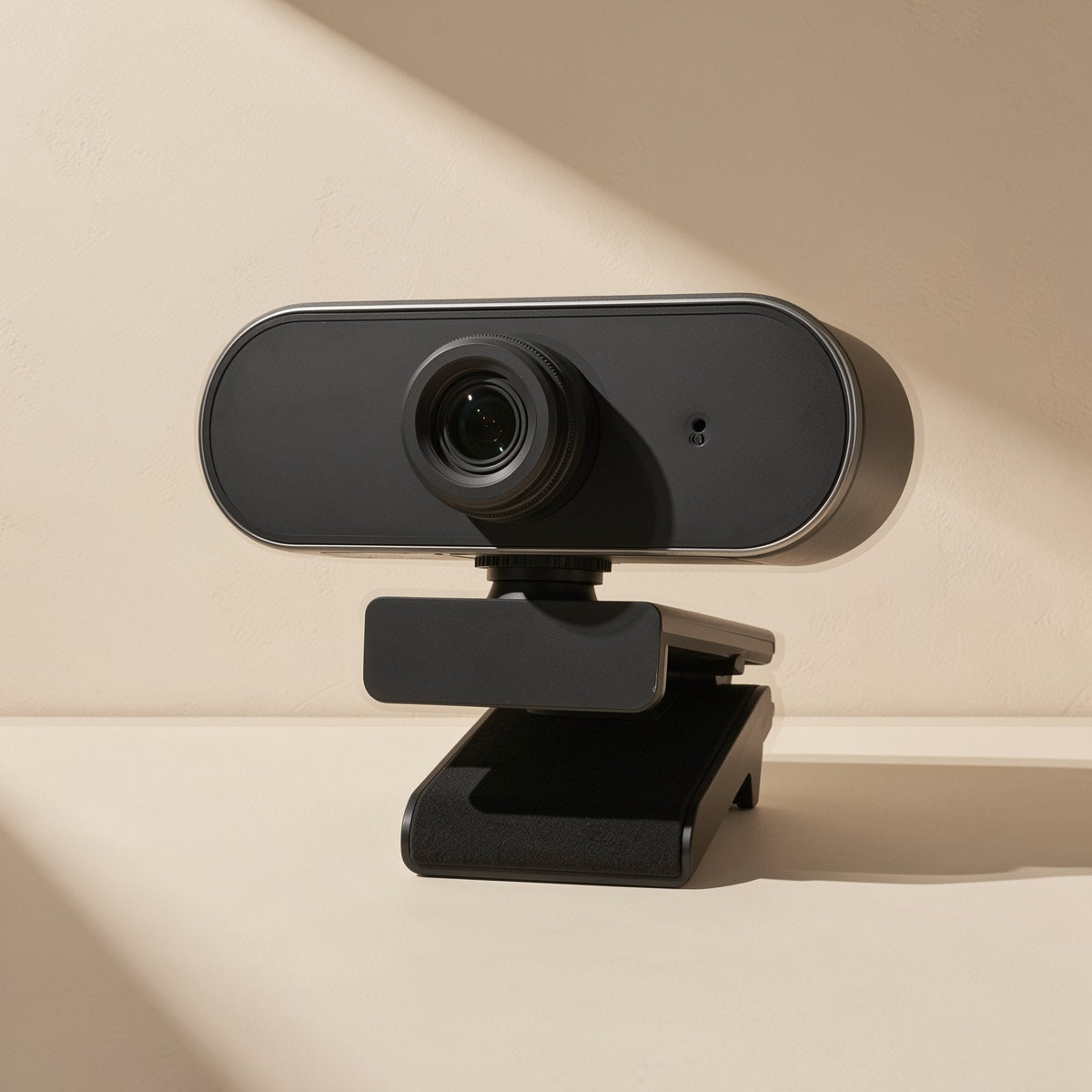 Lenslook USB Computer Camera webcam with a black clip stand, seen from the front on a beige surface