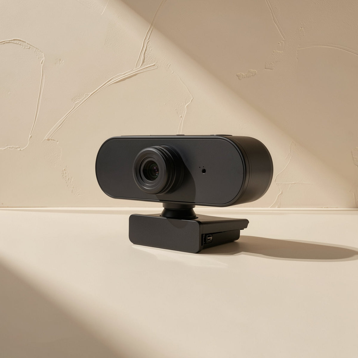 Lenslook – Black webcam angled from the side, showing the USB port on its clip base, with shadows on a cream wall