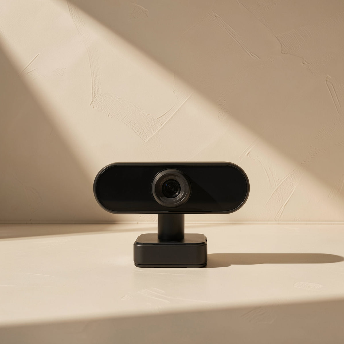 Lenslook – Small black webcam on a compact square stand, centered against a plaster wall with a diagonal shadow