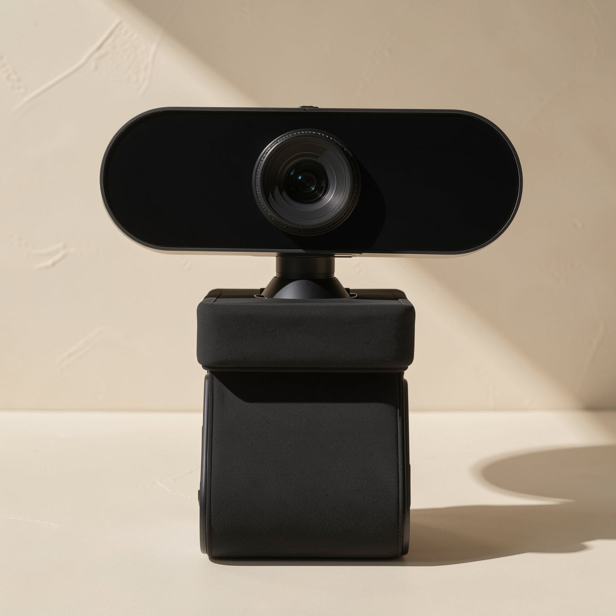 Lenslook USB Computer Camera – black webcam front view mounted on a thick folding clip base, with its lens facing the camera