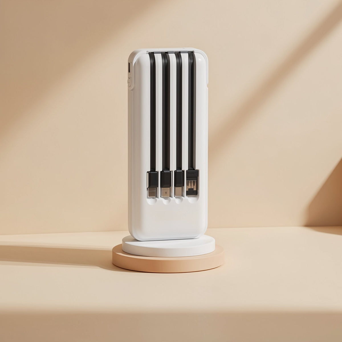 Quickvolt Portable Power Bank in white standing upright on a round pedestal, four black cables tucked in the front