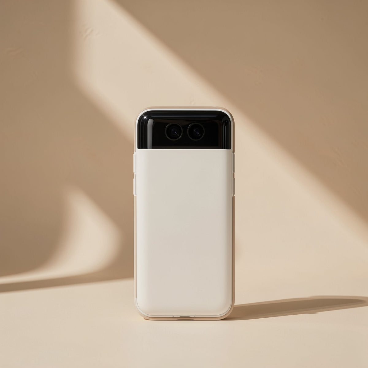 Quickvolt – Back of the white power bank with a black top panel and two round camera-like circles, on a beige surface