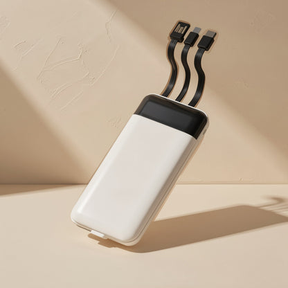 Quickvolt – White power bank tilted upright with three black cables extended from the top, USB-C and Lightning-style tips