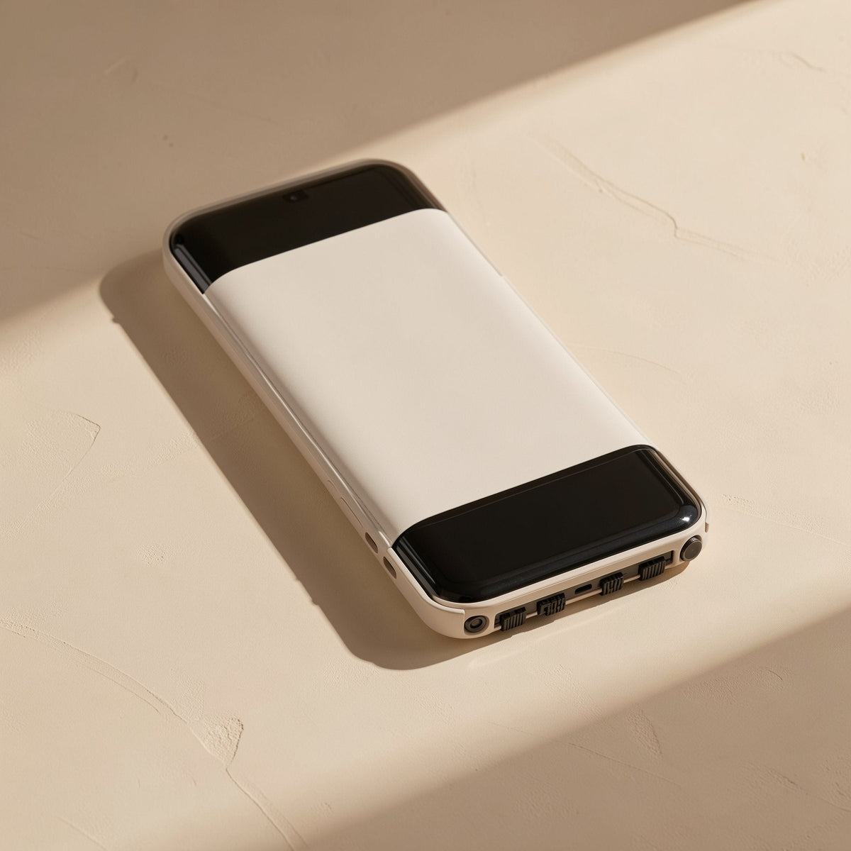 Quickvolt – White power bank lying flat on a cream surface, showing black end caps and a row of ports along one short edge