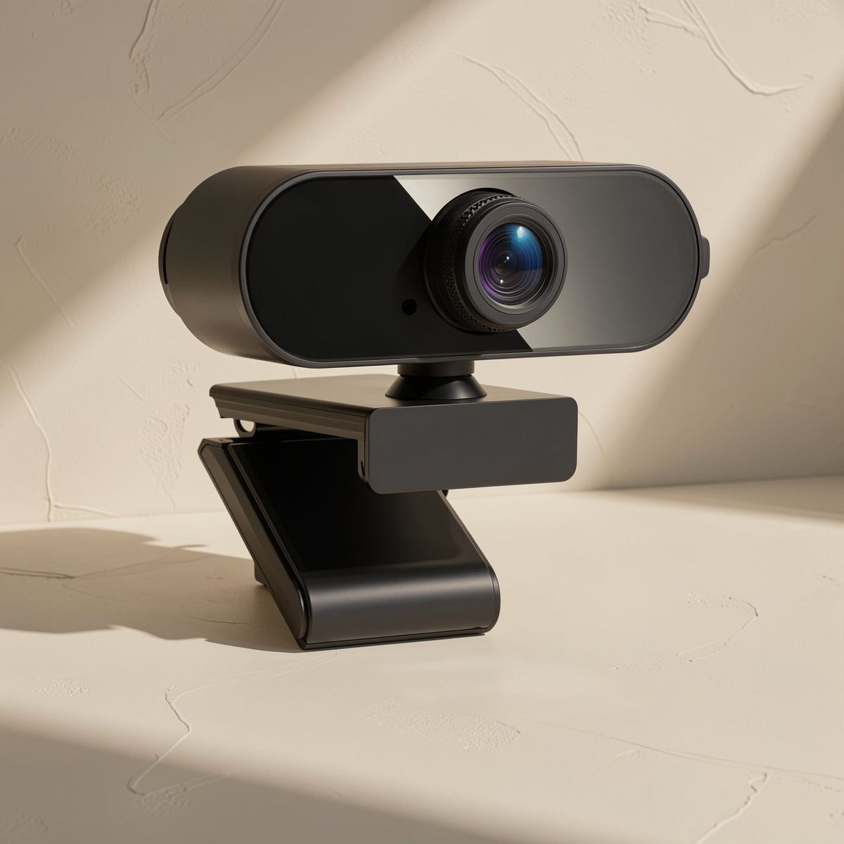 Lensclear USB 1080p Computer Camera in black, angled view on a cream surface with soft window light