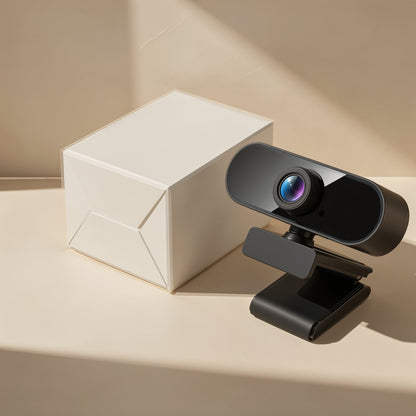 Lensclear USB 1080p Computer Camera – black webcam beside a white gift box on a beige surface, lens facing forward