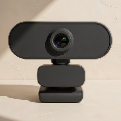 Lensclear – Front view of the black webcam on its clip stand, round lens centered in the oval housing