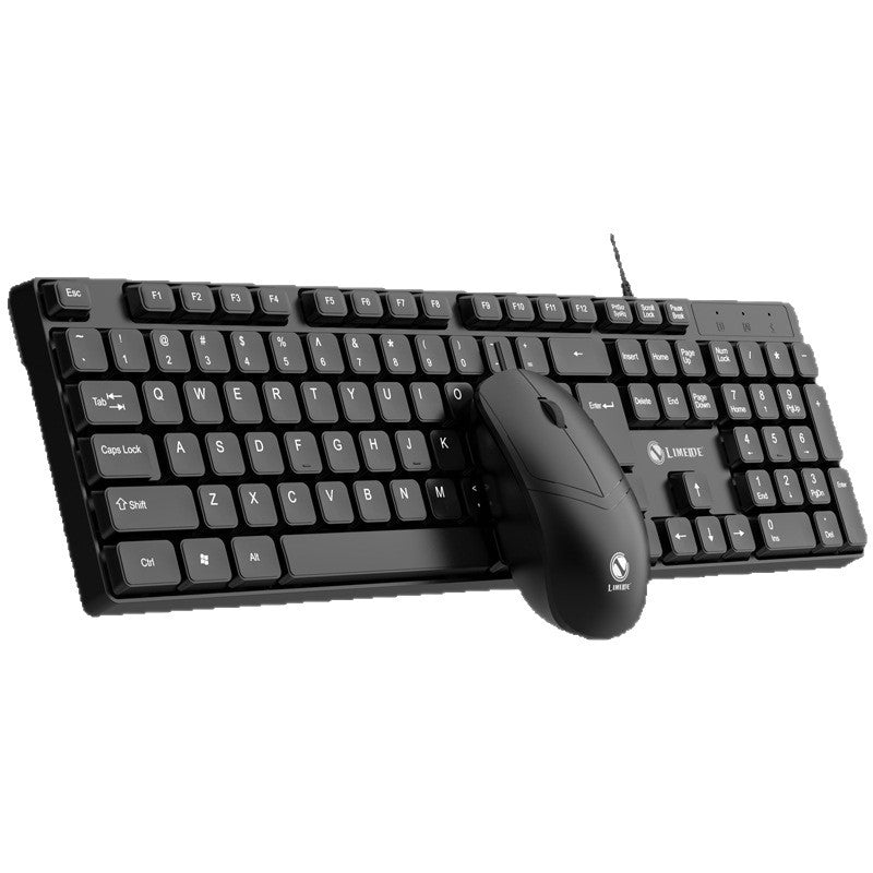 Cordwork – Black keyboard with the mouse resting on its left keys, cut out on a white background