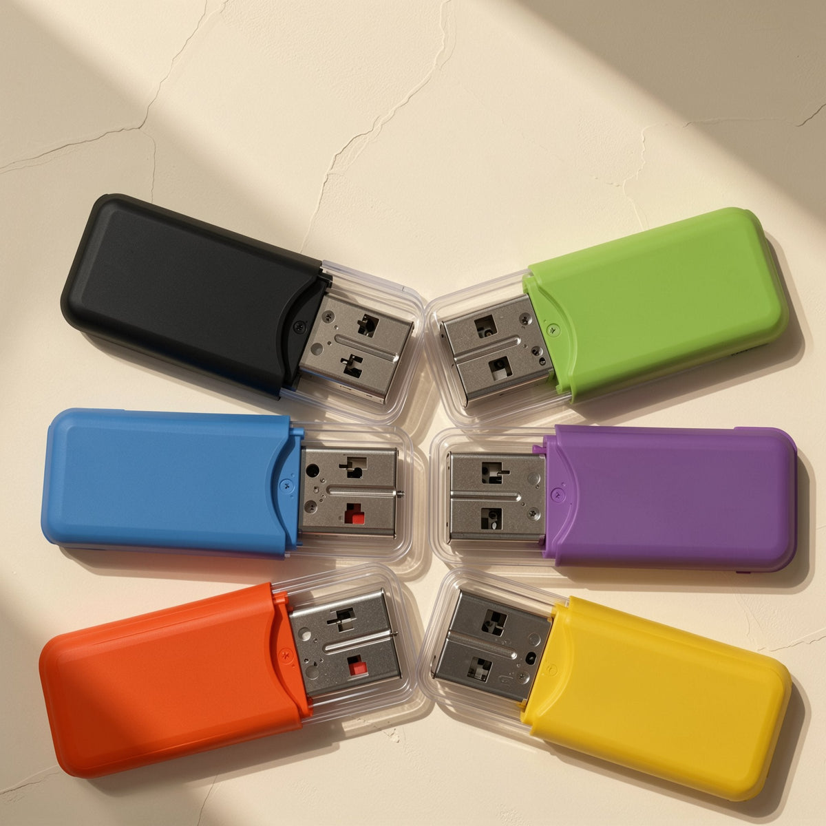 Chipread – Six USB card readers in black, green, blue, purple, orange and yellow, arranged in a ring with clear caps