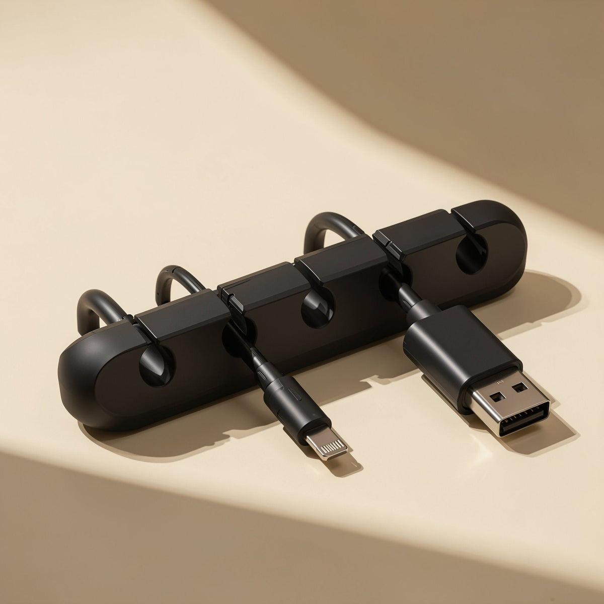 Silinest Silicone Data Cable Organizer in black on a cream surface, holding a Lightning and a USB cable