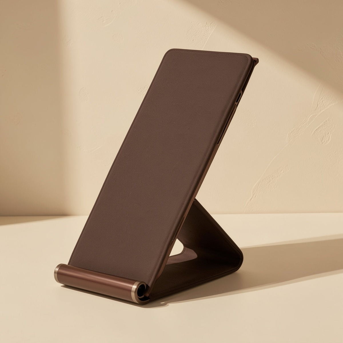 Foldmate – Brown foldable stand angled upright with a metal roller hinge at the bottom edge, side view