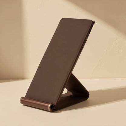 Foldmate – Brown foldable stand angled upright with a metal roller hinge at the bottom edge, side view