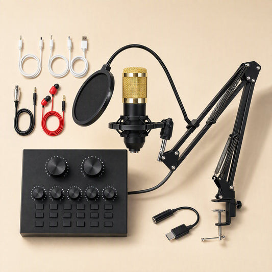 Voxclear – Gold-grilled microphone on boom arm with pop filter, sound mixer, cables, earphones and USB adapter