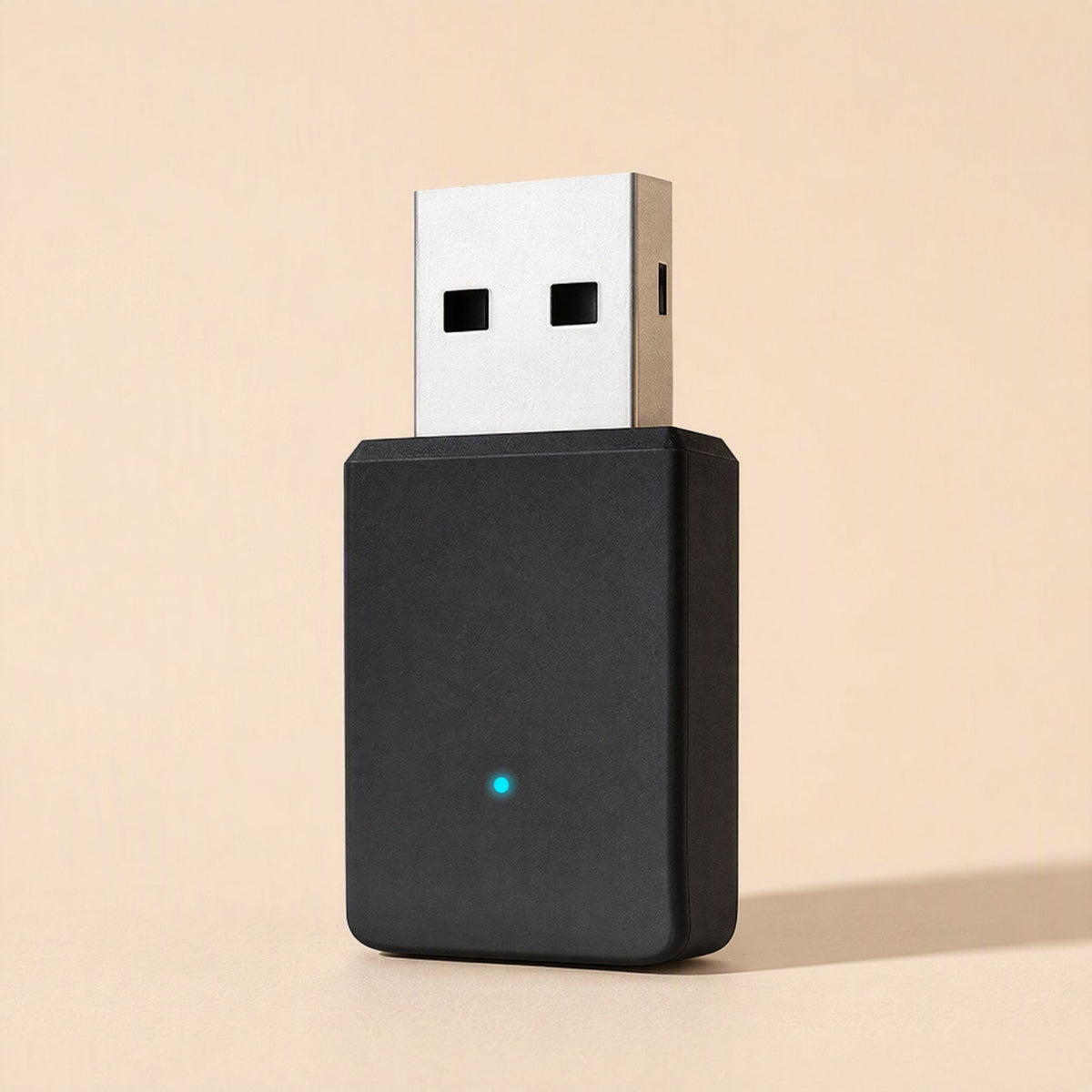 Bandbridge Dual-Band USB Network Card, black adapter with glowing blue light, front view on peach background