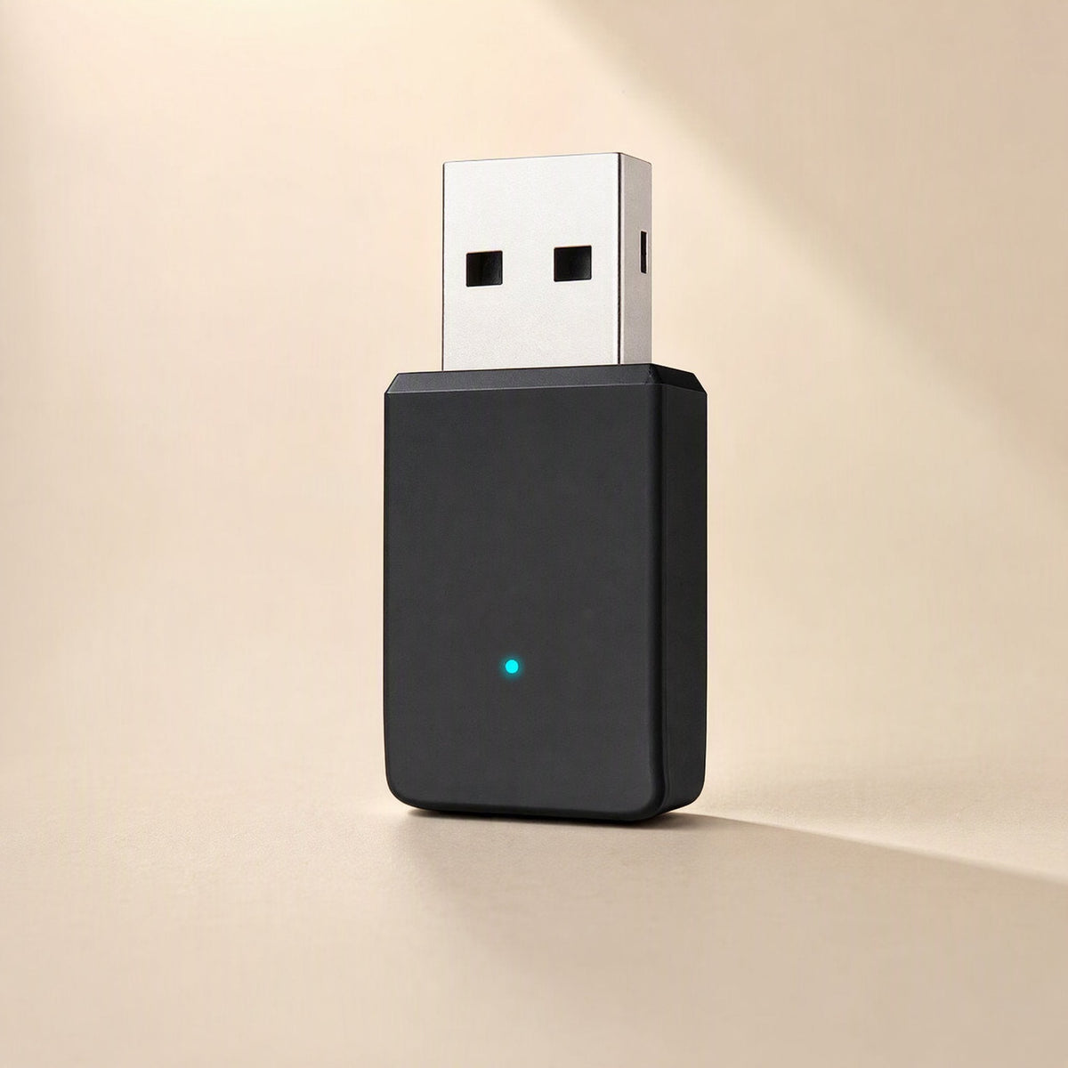 Bandbridge – Black USB adapter with silver connector and small blue LED, angled view in soft side lighting