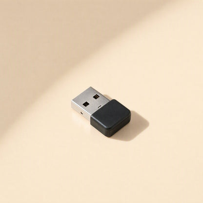 Bandbridge – Compact black USB adapter lying flat on a peach surface, showing the silver plug and its open ports