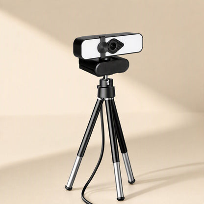 Camclarity USB Computer Camera – webcam with white light panel mounted on a black and silver tripod, USB cable trailing down