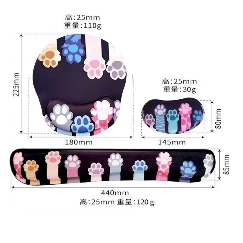 Clawpad Cat Paw Wrist Rest Mouse Pad set on white with size and weight labels for each of the three pieces