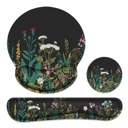 Clawpad – Black floral version of the wrist rest mouse pad set with matching keyboard rest and round coaster