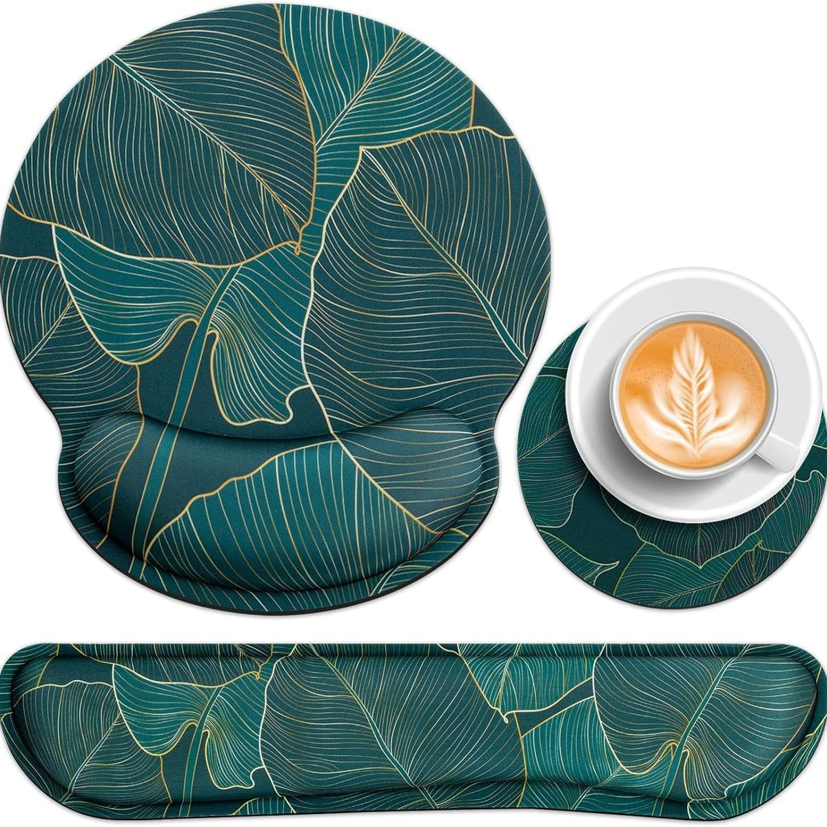 Clawpad – Teal gold-line leaf pattern mouse pad set with keyboard rest and coaster holding a cup of latte