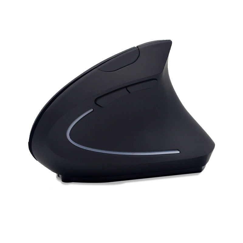 Ergogrip – Side view of a black vertical ergonomic mouse with curved grey light strip on a white background