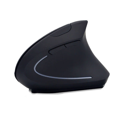 Ergogrip – Side view of a black vertical ergonomic mouse with curved grey light strip on a white background