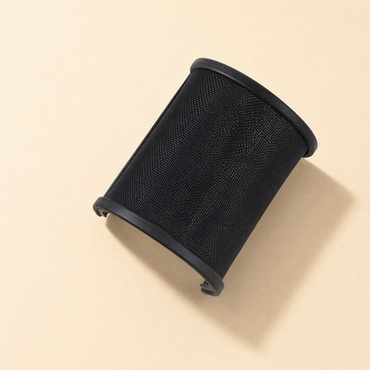 Pophush – Black U-shaped mesh pop filter with rounded plastic rims, seen from above on a beige background
