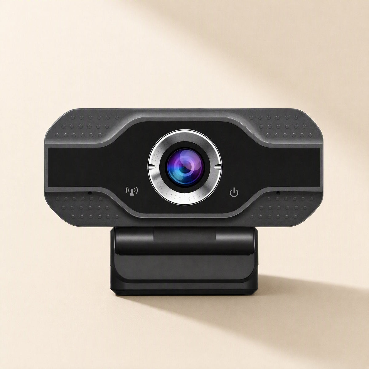 Camclear USB Webcam – front view of the webcam showing the round lens, textured grip panels, microphone icon and power button