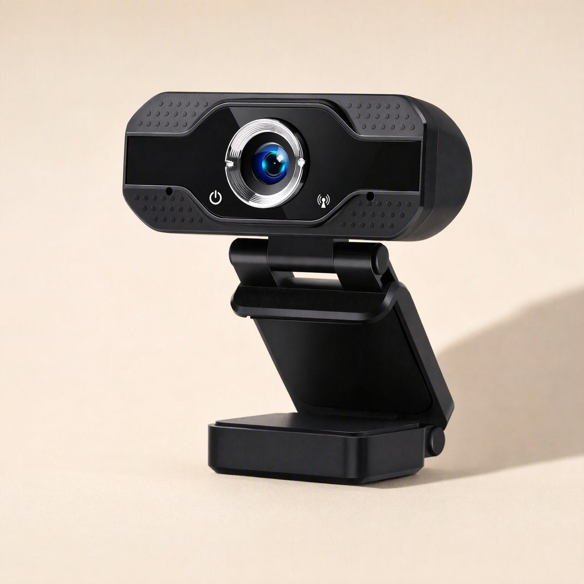 Camclear – Right-angled view of the black webcam on its hinged base, power button and microphone icon beside the lens