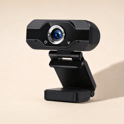 Camclear – Right-angled view of the black webcam on its hinged base, power button and microphone icon beside the lens