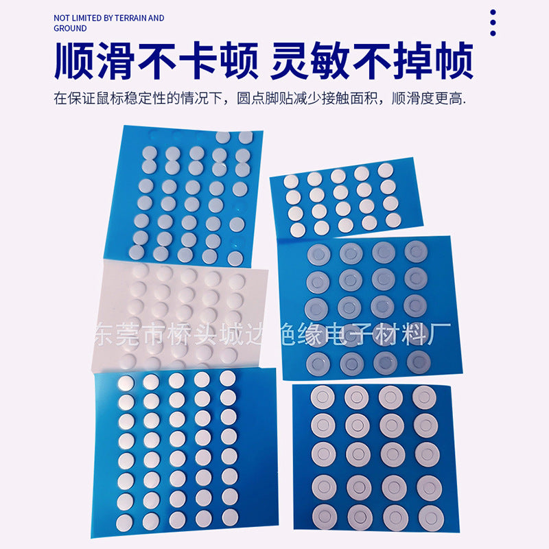 Puckdot – Several blue sheets of white round glide dots in different sizes and layouts, from small dots to large rings