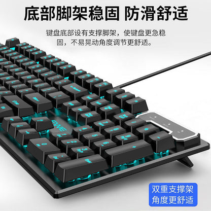 Keybrid – Underside view of the keyboard's rear support feet, with the cable and cyan-lit keys at the top