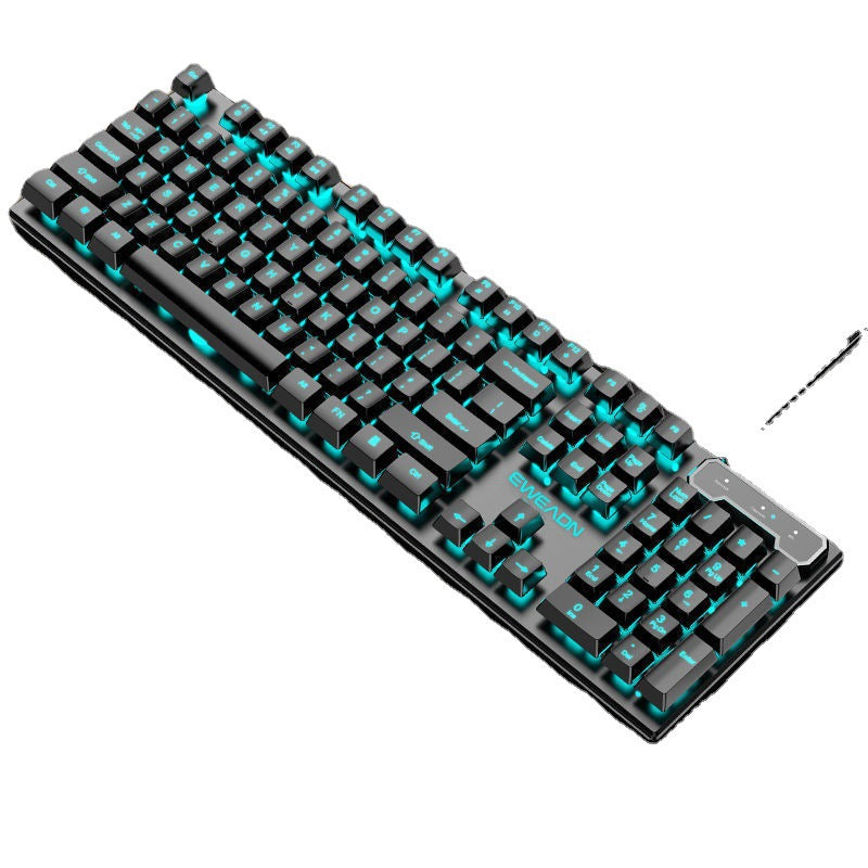 Keybrid – Full black keyboard seen from an angle with cyan backlight, numeric keypad and indicator panel on the right