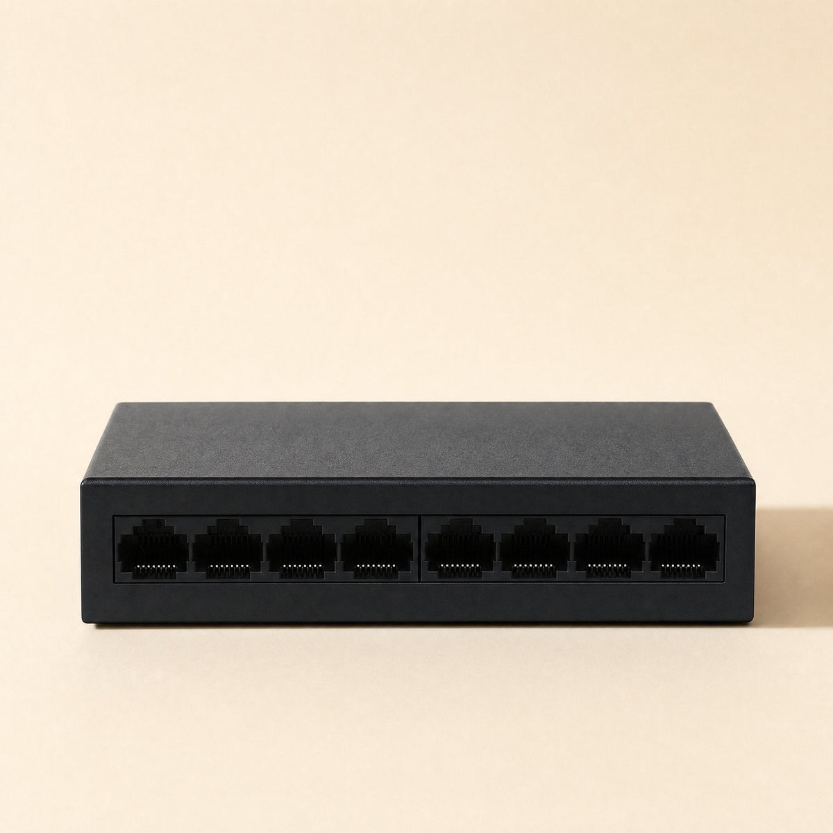 Gigaflow Gigabit Ethernet Network Switch – front view of the black eight-port switch showing two groups of four RJ45 ports
