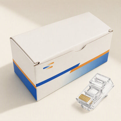 Snaplink Cat 6 RJ45 Network Cable Connector beside its white retail box with blue and orange stripes