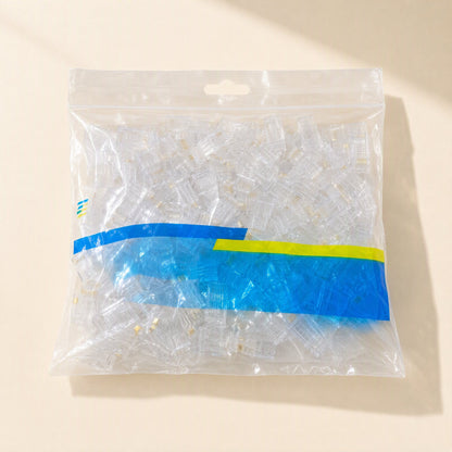 Snaplink – Clear zip-top bag filled with many transparent RJ45 connectors and a blue and yellow label