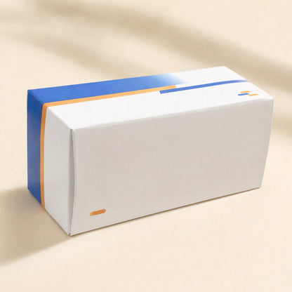 Snaplink – Closed white retail box with blue and orange stripes on a cream background, no text visible