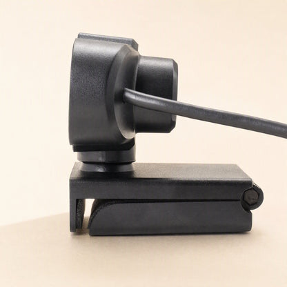 Weblens Computer USB Webcam – side profile of the webcam showing the attached cable, swivel joint and hinged clip base