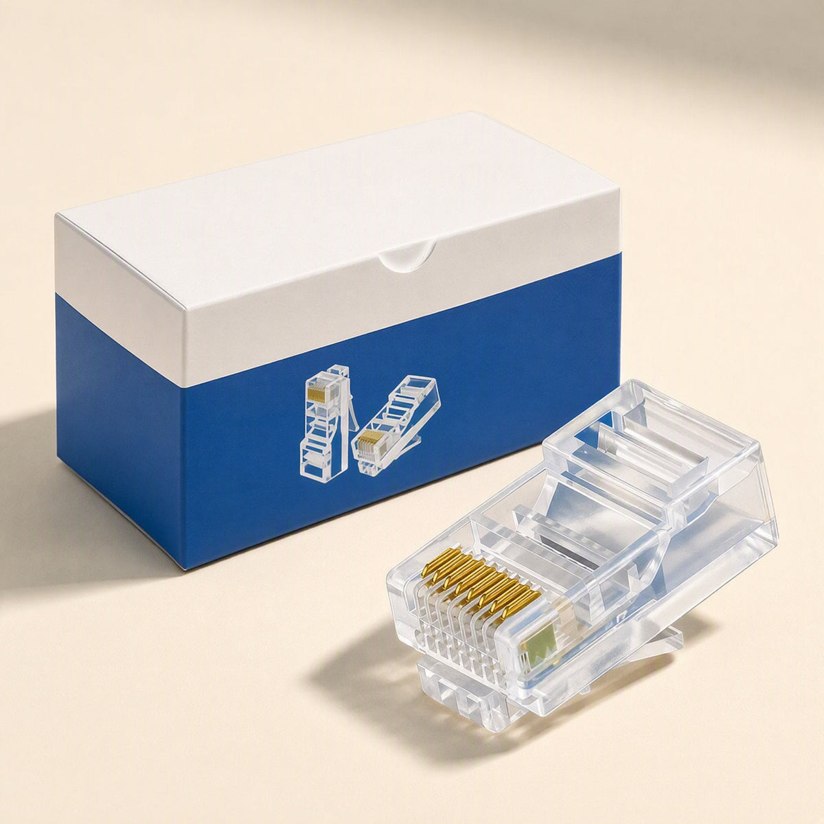 Linksnap RJ45 network cable plug beside a blue and white retail box on a cream background