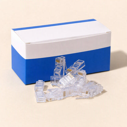 Linksnap RJ45 Network Cable Plug – pile of clear RJ45 plugs in front of a blue and white box, with gold contacts visible